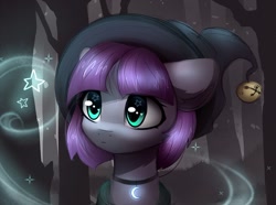Size: 1800x1337 | Tagged: safe, artist:radioaxi, character:maud pie, species:pony, bust, clothing, cute, female, forest, hat, heart eyes, jewelry, magic, maudabetes, necklace, portrait, scenery, solo, starry eyes, stars, tree, weapons-grade cute, wingding eyes, witch hat