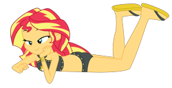 Size: 5050x2590 | Tagged: safe, artist:lifes-remedy, character:sunset shimmer, my little pony:equestria girls, absurd resolution, clothing, commission, female, looking down, midriff, simple background, sleeveless, smiling, solo, swimsuit, transparent background