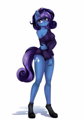 Size: 3508x5110 | Tagged: safe, artist:lifejoyart, oc, oc only, oc:aurora shine (loe), species:anthro, species:pony, species:unicorn, anthro oc, blushing, clothing, cutie mark, female, looking at you, mare, off shoulder, simple background, socks, solo, white background