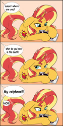 Size: 750x1500 | Tagged: safe, artist:albertbm, character:sunset shimmer, species:pony, species:unicorn, bad pony, behaving like a dog, blushing, cellphone, chewing, comic, cute, dialogue, eating, female, mare, misspelling, offscreen character, pet, phone, pony pet, shimmerbetes, silly, silly pony, solo, speech bubble, talking