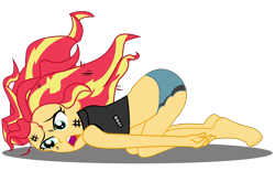 Size: 2000x1242 | Tagged: safe, artist:lifes-remedy, character:sunset shimmer, my little pony:equestria girls, barefoot, burnt, clothing, d:, face down ass up, feet, female, messy hair, open mouth, simple background, solo, transparent background