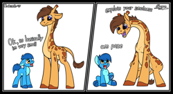 Size: 2200x1200 | Tagged: safe, artist:change, artist:rubiont, oc, species:earth pony, species:pony, basically i'm very smol, collaboration, comic, giraffe, male, meme, meme origin, simple background, sitting, size difference, smaller male, smiley face, text, white background