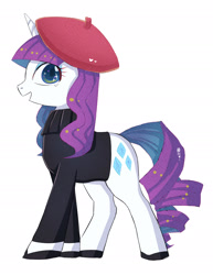 Size: 1706x2209 | Tagged: safe, artist:hosikawa, character:rarity, species:pony, species:unicorn, alternate hairstyle, beatnik rarity, beret, clothing, cute, female, hat, mare, open mouth, profile, raribetes, simple background, solo, sweater, white background