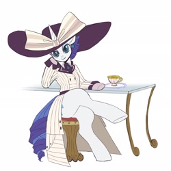 Size: 2048x2048 | Tagged: safe, artist:hosikawa, character:rarity, species:pony, species:unicorn, episode:p.p.o.v. (pony point of view), g4, my little pony: friendship is magic, bow, clothing, coat, crossed legs, cup, cute, ear piercing, earring, female, hat, high res, jewelry, looking at you, mare, piercing, raribetes, raristocrat, rose dewitt bukater, seat, simple background, sitting, solo, table, teacup, titanic, white background, wip
