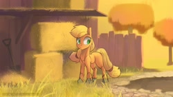 Size: 1920x1081 | Tagged: safe, artist:icychamber, character:applejack, species:pony, farm, female, hatless, hay bale, missing accessory, missing cutie mark, solo