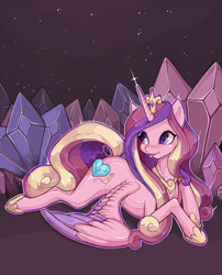 Size: 800x989 | Tagged: safe, artist:misukitty, character:princess cadance, species:alicorn, species:pony, blep, crystal, cute, cutedance, female, mare, prone, solo, tongue out