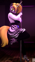 Size: 1080x1920 | Tagged: safe, artist:symm, oc, oc only, oc:everlasting serenity, species:anthro, 3d, clothing, dress, female, high heels, looking at you, pants, pole dancing, shoes, smiling, solo, source filmmaker, stripper pole
