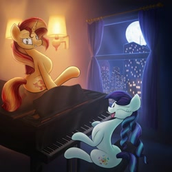 Size: 1024x1024 | Tagged: safe, artist:huffy26, artist:novaintellus, character:coloratura, character:sunset shimmer, species:earth pony, species:pony, species:unicorn, city, collaboration, duet, full moon, gift art, grand piano, looking at you, looking back, looking back at you, moon, musical instrument, night, one eye closed, piano, rara, sitting, smiling, tongue out, window, wink