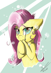 Size: 1200x1700 | Tagged: safe, artist:yuris, character:fluttershy, species:pegasus, species:pony, abstract background, bust, cute, dandelion, female, floppy ears, hoof fluff, hooves to the chest, looking at you, mare, portrait, shoulder fluff, shy, shyabetes, smiling, solo, stray strand, three quarter view