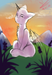 Size: 1200x1700 | Tagged: safe, artist:yuris, species:pony, commission, glade, mountain, solo, sunset, ych sketch, your character here