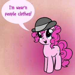Size: 1800x1800 | Tagged: safe, artist:professor-ponyarity, character:pinkie pie, species:earth pony, species:pony, episode:mmmystery on the friendship express, g4, my little pony: friendship is magic, bowler hat, clothing, cute, dialogue, diapinkes, female, hat, mare, open mouth, solo, speech bubble