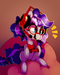Size: 1910x2388 | Tagged: safe, artist:bloodatius, oc, oc only, oc:cinnabyte, adorkable, bandana, controller, cute, dork, gaming headset, glasses, headset, smiling, solo