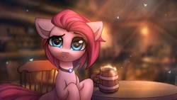 Size: 2727x1536 | Tagged: safe, artist:radioaxi, character:pinkie pie, species:earth pony, species:pony, alternate hairstyle, chair, choker, cider, confused, crepuscular rays, female, looking at you, mare, mug, raised eyebrow, sitting, solo, table
