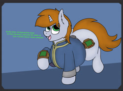Size: 3720x2750 | Tagged: safe, artist:aaathebap, oc, oc only, oc:littlepip, species:pony, species:unicorn, fallout equestria, belly, big belly, clothing, ear fluff, fanfic, fanfic art, fat, fatty, female, hooves, horn, large butt, mare, open mouth, pipbuck, simple background, solo, stable-tec, text, the ass was fat, unicorn oc, vault suit