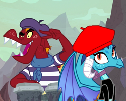 Size: 901x720 | Tagged: safe, artist:sonofaskywalker, edit, edited screencap, screencap, character:garble, character:princess ember, species:dragon, ship:emble, episode:sweet and smoky, episode:triple threat, g4, my little pony: friendship is magic, 1000 hours in ms paint, bandana, beatnik, beret, black shirt, blouse, bongos, choker, clothing, cropped, cute, dragoness, emberbetes, female, hat, male, scarf, shipping, shirt, sitting, smiling, straight, striped shirt, vector