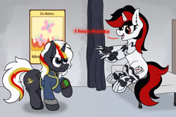 Size: 3000x1998 | Tagged: safe, artist:aaathebap, oc, oc:blackjack, oc:velvet remedy, species:pony, species:unicorn, fallout equestria, fallout equestria: project horizons, bed, clothing, cyborg, fallout, fanfic art, finger, fingers, horn, hospital, hospital bed, mechanical hands, ministry of peace, pipbuck, thumbs, unicorn oc, vault suit