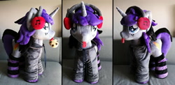 Size: 3122x1520 | Tagged: safe, artist:agatrix, oc, oc only, oc:purple flame, species:pony, species:unicorn, blep, clothing, cookie, craft, food, headphones, hoodie, irl, male, minky, photo, plushie, socks, solo, stallion, striped socks, tongue out