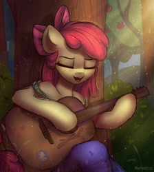Size: 2600x2900 | Tagged: safe, artist:radioaxi, character:apple bloom, species:earth pony, species:pony, adorabloom, apple, apple tree, clothing, crepuscular rays, cute, dexterous hooves, eyes closed, female, food, freckles, guitar, high res, musical instrument, open mouth, semi-anthro, solo, tree