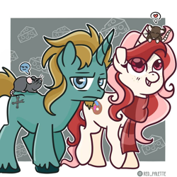 Size: 894x894 | Tagged: safe, artist:redpalette, oc, oc:javert, oc:red palette, species:pony, species:unicorn, clothing, couple, cute, female, male, mare, pet, rat, scarf, scowling, smiling, stallion, walking