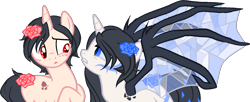 Size: 1708x696 | Tagged: safe, artist:skulifuck, base used, oc, oc only, species:alicorn, species:pony, species:unicorn, alicorn oc, duo, female, flower, flower in hair, horn, mare, original species, raised hoof, simple background, transparent background, unicorn oc, wings