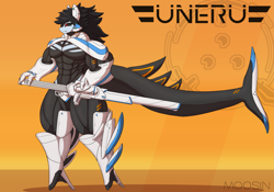 Size: 3143x2206 | Tagged: safe, artist:mopyr, oc, oc only, oc:erell, species:anthro, abs, black sclera, cyborg, muscles, original species, pecs, science fiction, shark, shark pony, skintight clothes, solo, sword, weapon