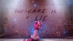 Size: 1920x1080 | Tagged: safe, artist:radioaxi, character:pinkamena diane pie, character:pinkie pie, species:earth pony, species:pony, crossover, eyes closed, female, graffiti, portal, portal (valve), sad, solo, the cake is a lie