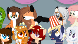 Size: 1266x720 | Tagged: safe, artist:skulifuck, base used, oc, oc only, oc:fox trot, species:fox, species:pony, annoyed, braid, female, food, fox pony, group, hybrid, looking up, male, open mouth, popcorn, sitting