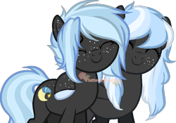 Size: 832x583 | Tagged: safe, artist:skulifuck, base used, oc, oc only, oc:high tide, oc:low tide, species:earth pony, species:pony, colored hooves, duo, earth pony oc, eyes closed, female, freckles, mare, side hug, simple background, smiling, transparent background, twins