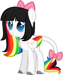 Size: 519x624 | Tagged: safe, artist:skulifuck, base used, oc, oc only, species:pegasus, species:pony, bow, colored hooves, female, hair bow, leonine tail, mare, multicolored hair, pegasus oc, rainbow hair, simple background, smiling, solo, tail bow, transparent background, wings
