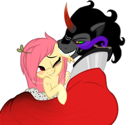 Size: 1000x990 | Tagged: safe, artist:skulifuck, base used, character:king sombra, oc, oc:shy sprout, species:pegasus, species:pony, species:unicorn, canon x oc, cloak, clothing, curved horn, ear fluff, fangs, female, horn, makeup, male, mare, one eye closed, pegasus oc, red eyes, simple background, snuggling, sombra eyes, stallion, transparent background, wings, wink