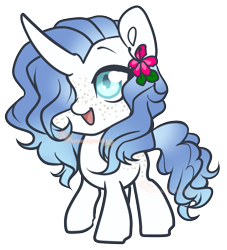 Size: 825x909 | Tagged: safe, artist:skulifuck, oc, oc only, species:pony, species:unicorn, flower, flower in hair, freckles, hair over one eye, horn, open mouth, raised hoof, simple background, smiling, solo, transparent background, unicorn oc