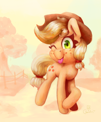 Size: 3634x4412 | Tagged: safe, artist:aemantaslim, artist:bloodatius, character:applejack, species:earth pony, species:pony, absurd resolution, blep, collaboration, cute, female, jackabetes, looking at you, mare, one eye closed, solo, tongue out, wink