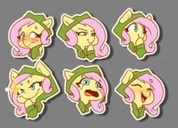Size: 1691x1217 | Tagged: safe, artist:bloodatius, character:fluttershy, species:pony, blushing, bust, clothing, crying, cute, emotes, expressions, eyes closed, female, gray background, hoodie, mare, open mouth, portrait, shyabetes, simple background, smiling, solo