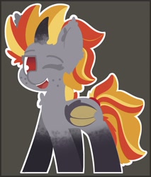 Size: 1750x2050 | Tagged: safe, artist:moonydusk, oc, oc only, oc:luminous dunes, species:alicorn, species:bat pony, species:pony, alicorn oc, bat pony alicorn, bat wings, burning mare, fangs, freckles, gray background, horn, looking at you, one eye closed, simple background, solo, wings, wink