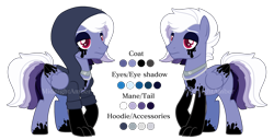 Size: 3736x1913 | Tagged: safe, artist:midnightamber, oc, oc only, oc:inky depths, species:pegasus, species:pony, chain necklace, clothing, eyeshadow, hoodie, ink, makeup, multicolored hair, muticolored tail, reference sheet, simple background, solo, transparent background