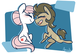 Size: 2500x1750 | Tagged: safe, artist:lilliesinthegarden, character:doctor whooves, character:nurse redheart, character:time turner, species:earth pony, species:pony, blushing, female, femboy, male, nuzzling, shipping, straight, turnheart