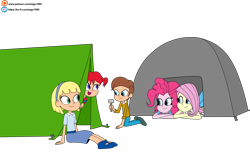 Size: 6000x3768 | Tagged: safe, artist:eagc7, character:fluttershy, character:pinkie pie, my little pony:equestria girls, annika, camping, commission, equestria girls-ified, female, ko-fi, male, patreon, pippi longstocking, simple background, tent, tents, tommy, transparent background