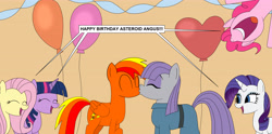 Size: 6000x2981 | Tagged: safe, artist:eagc7, character:fluttershy, character:maud pie, character:pinkie pie, character:rarity, character:twilight sparkle, oc, oc:asteroid angus, balloon, birthday, canon x oc, commission, female, kissing, male, shipping, straight