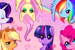 Size: 1279x853 | Tagged: safe, artist:jacky-bunny, character:applejack, character:fluttershy, character:pinkie pie, character:rainbow dash, character:rarity, character:twilight sparkle, character:twilight sparkle (alicorn), species:alicorn, species:earth pony, species:pegasus, species:pony, species:unicorn, blushing, bust, clothing, cowboy hat, cute, deviantart watermark, ear fluff, eyes closed, female, hat, heart, looking at you, mane six, mare, obtrusive watermark, one eye closed, portrait, profile, rainbow, smiling, upside down, watermark, wink