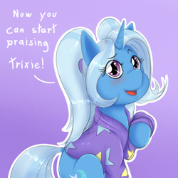 Size: 1500x1500 | Tagged: safe, artist:albertbm, character:trixie, species:pony, species:unicorn, alternate hairstyle, babysitter trixie, blushing, cute, diatrixes, digital art, doodle, female, gameloft interpretation, open mouth, purple background, simple background, smiling, solo