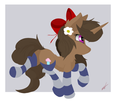 Size: 3712x3024 | Tagged: safe, artist:groomlake, oc, oc:buttercup shake, species:pony, species:unicorn, bow, clothing, colored, cute, female, flower, flower in hair, gray background, love, mare, ribbon, simple, simple background, socks, solo, striped socks