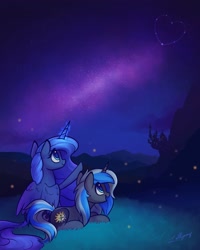 Size: 1638x2048 | Tagged: safe, artist:lollipony, character:princess luna, oc, oc:equui-nox, species:alicorn, species:pony, species:unicorn, castle, commission, constellation, duo, female, firefly, folded wings, glowing horn, heart, horn, insect, looking up, magic, mare, mountain, night, open mouth, pointing, raised hoof, smiling, stars, wings