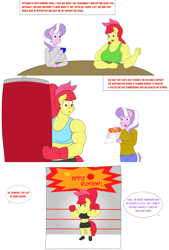 Size: 2048x3021 | Tagged: safe, artist:matchstickman, character:apple bloom, character:diamond tiara, species:anthro, species:earth pony, species:plantigrade anthro, species:pony, abs, apple brawn, biceps, boots, boxing gloves, boxing ring, breasts, busty apple bloom, busty diamond tiara, chibi, clothing, comic, deltoids, dialogue, drink, duo, female, flexing, mare, matchstickman's apple brawn series, midriff, muscles, older, older apple bloom, older diamond tiara, pecs, poster, punching bag, shirt, shoes, shorts, simple background, speech bubble, sports bra, sweat, table, tumblr comic, tumblr:where the apple blossoms, white background