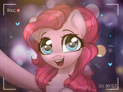 Size: 2000x1500 | Tagged: safe, artist:radioaxi, character:pinkie pie, species:earth pony, species:pony, bust, chest fluff, cute, diapinkes, female, happy, heart, looking at you, mare, open mouth, rec, recording, smiling, smiling at you, solo