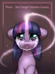 Size: 2000x2654 | Tagged: safe, artist:radioaxi, character:twilight sparkle, character:twilight sparkle (unicorn), species:pony, species:unicorn, crying, female, friendship, friendship lesson, glowing horn, horn, magic, mare, raised hoof, sad, solo