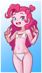 Size: 760x1320 | Tagged: safe, artist:drantyno, character:pinkie pie, my little pony:equestria girls, belly button, bikini, clothing, cute, delicious flat chest, female, happy, open mouth, peace sign, solo, swimsuit