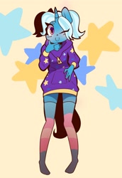 Size: 2790x4050 | Tagged: safe, artist:bloodatius, gameloft, character:trixie, species:anthro, species:pony, species:unicorn, alternate hairstyle, babysitter trixie, clothing, female, gameloft interpretation, hoodie, lgbt headcanon, one eye closed, pride, pride flag, socks, solo, stars, striped socks, thigh highs, trans trixie, transgender pride flag, wink