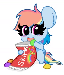 Size: 1200x1414 | Tagged: safe, artist:kittyrosie, character:rainbow dash, species:pegasus, species:pony, blushing, candy, cute, dashabetes, eating, female, food, happy, hoof hold, mare, micro, open mouth, signature, skittles, smiling, solo