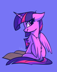 Size: 800x1000 | Tagged: safe, artist:lollipony, character:twilight sparkle, character:twilight sparkle (alicorn), species:alicorn, species:pony, newbie artist training grounds, annoyed, atg 2020, book, chest fluff, female, floppy ears, frown, looking at you, looking back, looking back at you, mare, reading, simple background, sitting, solo, twilight is not amused, unamused