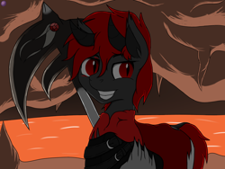 Size: 4096x3072 | Tagged: safe, artist:terminalhash, oc, species:demon pony, species:pony, cave, demon, horn, lava, multiple horns, original species, ponified, red and black oc, red eyes, request, slit eyes, solo, toram online